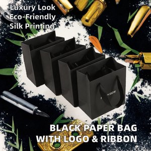 Sac en papier noir de luxe avec logo personnalisé pour boutique de bijoux, ruban gros-grain, emballage cadeau - Product Image 2