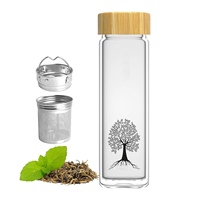Bouteille d'eau en verre borosilicate à double paroi de luxe personnalisée de 420 ml, infuseur à thé en acier inoxydable, couvercle en bambou, anti-fuite