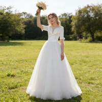 Robe de mariée élégante en satin à manches mi-longues, robe de mariée simple longue jusqu'au sol, blanc/ivoire, disponible en grandes tailles