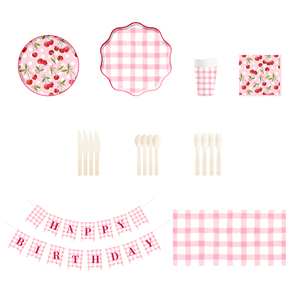 Ensemble de vaisselle jetable DAMAI sur le thème des fruits, cerise rose, joyeux anniversaire, pour 10 invités, assiettes à dessert et à dîner en papier, ensembles de vaisselle de fête - Product Image 4