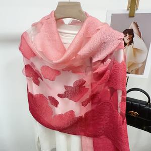 फैशन महिला लड़कियों हल्के फीता खोखले कट फूल कढ़ाई शॉल महिलाओं के सिर लपेटें 50 रंग ग्रेडिएंट रेशम ऑर्गेंजा स्कार्फ - Product Image 3