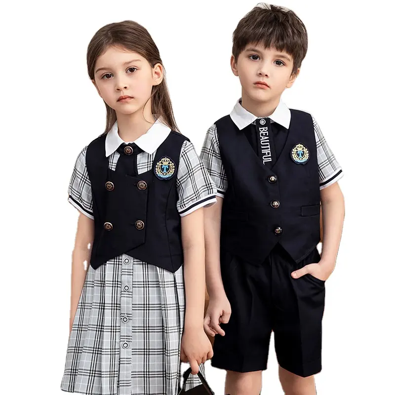 Pabrik Grosir Seragam Sekolah Dasar Rok Cek Internasional 3Pcs Kemeja + Celana + Gaun + Rompi Set Pakaian Layanan Desain