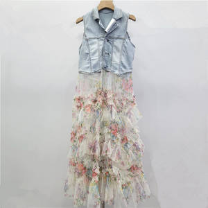 Vestido <span class=keywords><strong>GX</strong></span>-2026 con Chaleco Vaquero, Tela de Malla Estampada con Parches, Falda Midi Tipo Pastel, Vestido Largo Abullonado para Mujer - Product Image 4