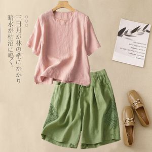 Women's Cotton Linen Short Sleeve T Shirt Set Loose Casual Breathable Elastic Waist Shorts Artistic Retro Summer Style - Product Image 1