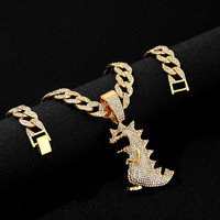 Collier pendentif dinosaure audacieux en strass argentés avec chaîne cubaine entièrement pavée pour homme, bijoux de mode Hip Hop Streetwear