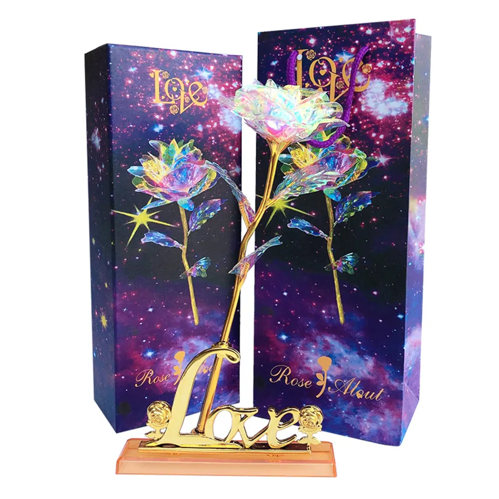 24K Bunga Dilapis Emas Foil Emas, Tangkai Panjang Mawar Plastik Artifisial untuk Hadiah Hari Jadi Valentine