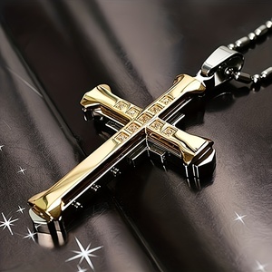 Nuova collana da uomo nera in acciaio inossidabile con ciondolo a croce di gesù con catena di bambù con diamanti in zirconio di cristallo-regalo di gioielli per uomo - Product Image 5