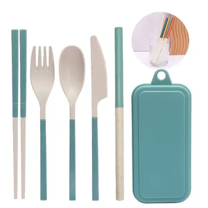 High Quality Folding Wheat Cutlery Wheat Straw Spoon Fork Knife Chopsticks Straw Cutlery Wheat Straw Tableware Set