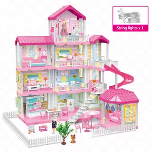 Pretend Play Girl Princess Toy Accessories Furniture DIY Assembly Plastic Big Size Dream Pink Doll House with Boy and Girl Doll
