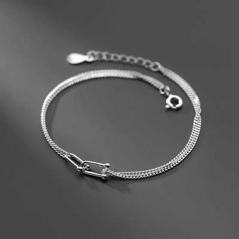 925 Sterling Silver Handmade Double Layer Link Chain U Shape Lock Bracelet For Women