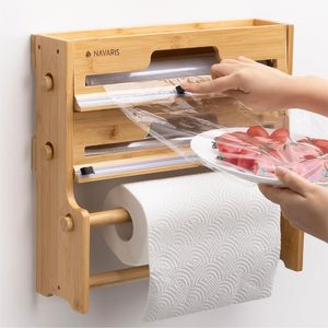 Navaris Bamboo Plastic Wrap Cutter Box With <b>Paper</b> Towel Holder Wall Mounted <b>Kitchen</b> Storage Rack - Product Image 1