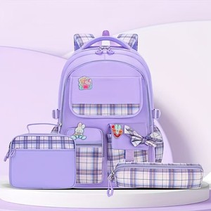 2026 Best Seller Large Capacity Waterproof Unisex Student <b>Backpack</b> Set Bowknot Plaid School Bag with <b>Lunch</b> Bag & Pencil Case - Product Image 5