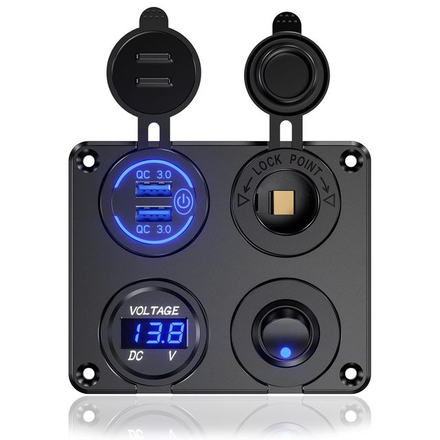 4 in 1 12V Outlet Charger Socket Panel 18W Power Dual QC 3.0 USB Car Charger Outlet Socket With LED Voltmeter for Car Boat