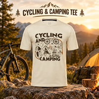 T-shirt graphique blanc tendance, imprimé cyclisme et camping, style décontracté urbain, pour la balade, le camping et l'exploration