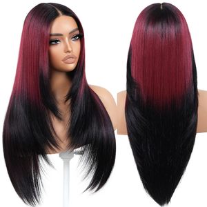 Peluca Sintética Larga y Lisa con Ombre <span class=keywords><strong>Rojo</strong></span> y Negro, con Frente de Encaje Transparente 13*4, Resistente al Calor, para Mujer - Product Image 1