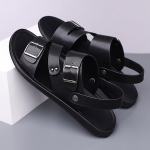 Sandales à lanières croisées pour hommes, en cuir véritable, semelle extérieure en caoutchouc antidérapante, décontractées d'été, à bout ouvert, avec boucle, grandes tailles - Product Image 4