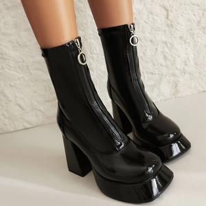 בחורה עסוקה xy4467 מגפיים נשים נעליים גודל <span class=keywords><strong>11</strong></span> שחור לבן עור אמצע עגל פלטפורמה בלוק עקבים רוכסן לנשים - Product Image 1