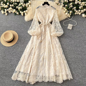 Robes longues pour femmes haut de gamme, taille naturelle, coupe trapèze, en dentelle unie, teintes, respirantes, écologiques, à simple boutonnage, manches lanternes - Product Image 5