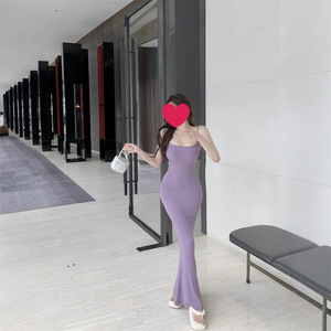 Spaghetti Strap Dress Women Summer Sexy Mid Length Tight Fitting Figure Hugging Fishtail Skirt Solid Color Bodycon Evening Dress - Product Image 2