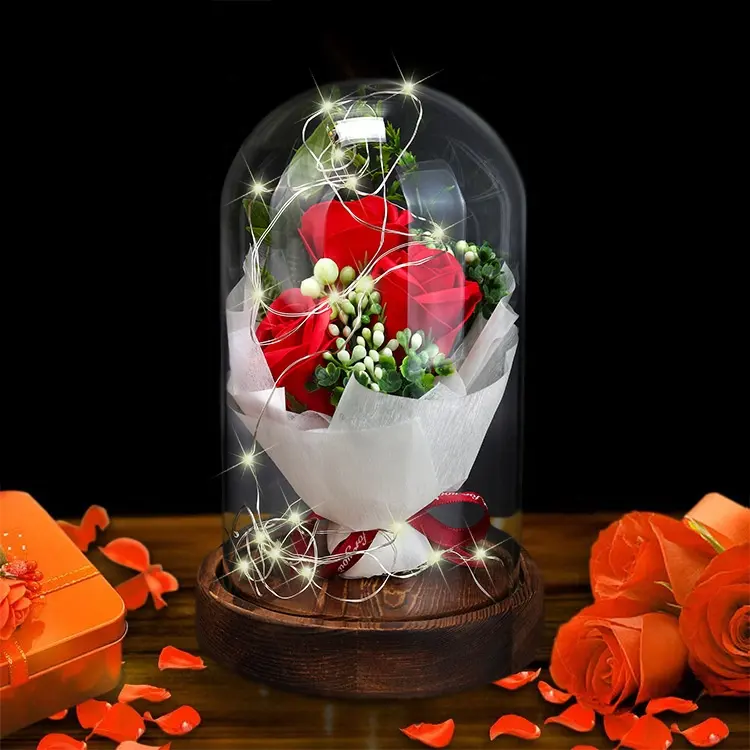 Sabonete personalizado transfronteiriço, capa de vidro com luzes de led para decoração de dia dos namorados, com 3 rosas