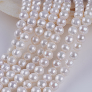 Perles d'eau douce blanches naturelles en gros, 7-8 mm, presque rondes, accessoires de collier semi-finis, perles en vrac - Product Image 2