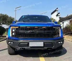 Upgrade to 2021 Raptor Style Conversion Car Front Bumper Grey Mesh Grille W/LED Fit For 2015-2020 Ford F150 Full Body Kit