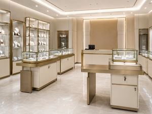 Custom Jewelry Store Fixtures LED Glass <b>Display</b> <b>Cases</b> Champagne Gold Metal Furniture Turnkey Shop Interior Solution Manufacturer - Product Image 5