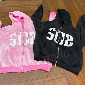 Sweat à capuche zippé délavé surdimensionné avec logo brodé d'autocollants de style de rue design d'usine - Product Image 3