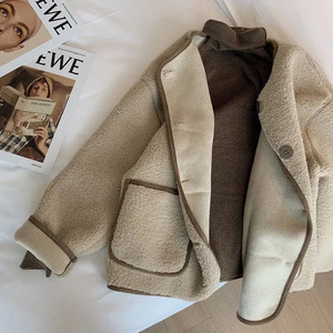 Faux Lamb Wool Coat Women Off White Khaki Black Solid Color Medium Thickness Pocket Autumn Winter Short Round Neck Top - Product Image 2