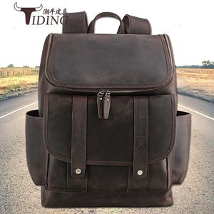 Tiding Crazy Horse Leather <b>Backpack</b> Dark <b>Brown</b> Unisex Outdoor Laptop Bag Top Layer Cowhide Travel Bag - Product Image 5