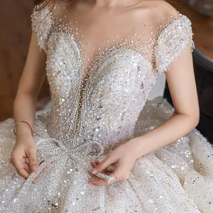 Luxury Beaded Heavy Crystal Appliqued Ball Gown Bridal Dress Manufacturer Long Train Pleated Wedding Dress Bridal Gowns