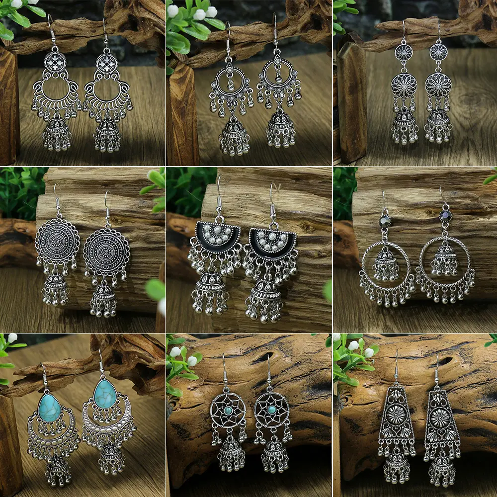 Tibetan Silver Vintage Earrings European and American Beaded Bell Tassel Ear Drops Tribal Exaggerated Jewelry New Cross-Border S