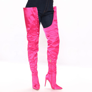 Botas Altas de Mujer Elegantes para Noche, con Parte Superior de Satén Liso, Cremallera Lateral, Tacón de Aguja y Punta Fina, Estilo Overknee - Product Image 1