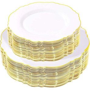 Assiettes Jetables en <span class=keywords><strong>Plastique</strong></span>, Cannelées, Bord Doré, pour Dîner, 19 cm et 26 cm, Ensemble de <span class=keywords><strong>Vaisselle</strong></span> de Fête - Product Image 3