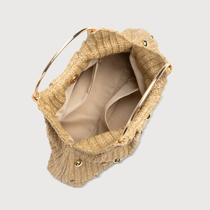 Bolso de mano de noche de paja tejida con detalles de perlas, asa redonda, estilo femenino, portátil, con patrón de puntos, bolso tote para mujer - Product Image 2