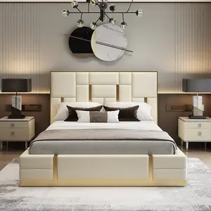 Penyimpanan furnitur kamar tidur Desain bagus, tempat tidur kayu ukuran king tatami pesan kain kulit multifungsi