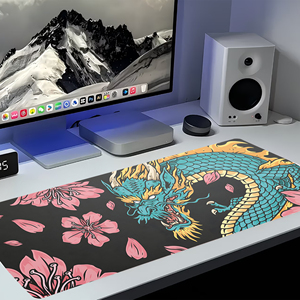 Tapis de souris de jeu et de bureau de style japonais Ryujin & Sakura, motifs de dragons japonais peints à la main - Product Image 1