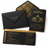 Suite d'invitations de mariage de luxe noire avec impression dorée, carte d'invitation style passeport et carte de détail RSVP