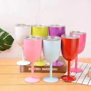 Double Wall Stem glass 304 Stainless Steel Metal 10OZ Silver Wine Glass Colored Wine Goblet with Lid