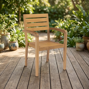 Chaise de salle à manger moderne en teck massif avec accoudoirs, empilable, idéale pour appartement, parc et extérieur - Product Image 3