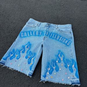 Custom Print Logo Cut Edge Denim 3D Print Rhinestone Raw Hem Straight Woven Summer Casual Distressed Streetwear Jean Shorts - Product Image 3