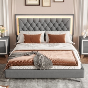 Modern Luxurious PU Leather Platform <b>Bed</b> with Tufted Headboard <b>Queen</b> <b>Size</b> Upholstered <b>Bed</b> Frame with LED Lights - Product Image 2