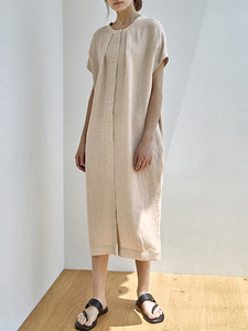 Vestido Midi Sin Mangas de <span class=keywords><strong>Lino</strong></span> Puro Estilo <span class=keywords><strong>Francés</strong></span> con Cuello Mandarín, Antiestático, Corte A, Holgado, Informal, Nueva Colección Verano 2025 - Product Image 3