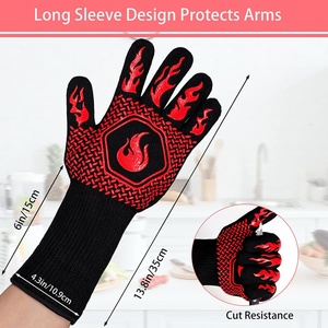 Heat Resistant Safety <b>Gloves</b> Black Red Flame Design Textured PU Knit Wrist 4.3in Anti-Slip Anti-Heat Protection - Product Image 4