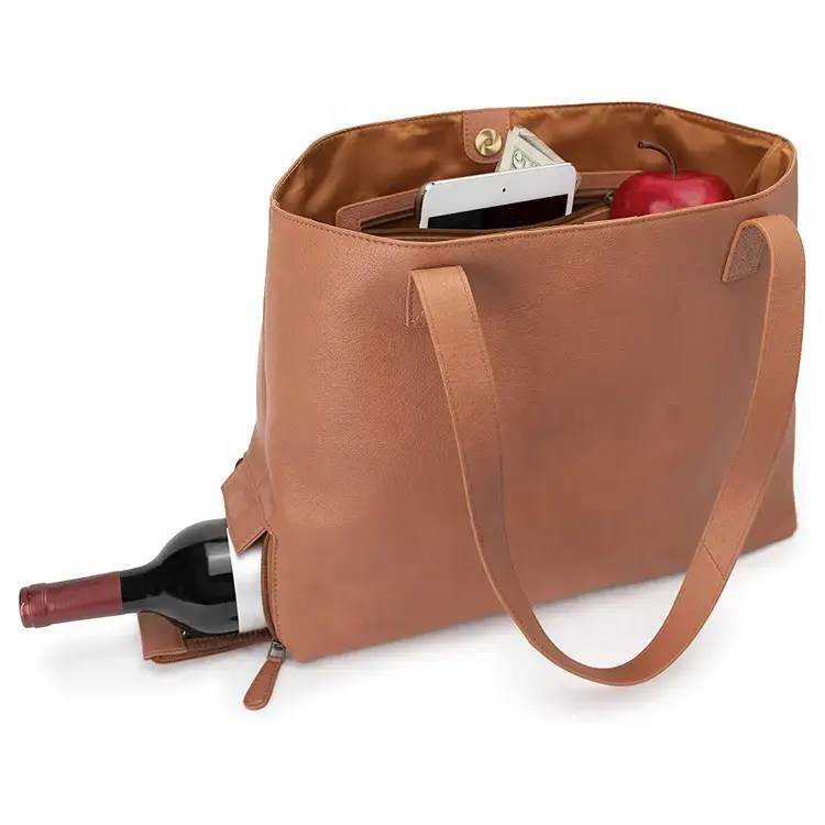 New design travel beach Picnic Insulated Purse with Wine Bottle Pocket leather wine tote bag with cooler for women