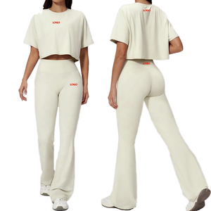 Womens 2 Piece Yoga Set Crop Top & High Waist <b>Flare</b> <b>Leggings</b> Fitness Gym Workout Activewear Lounge Wear Set - Product Image 1