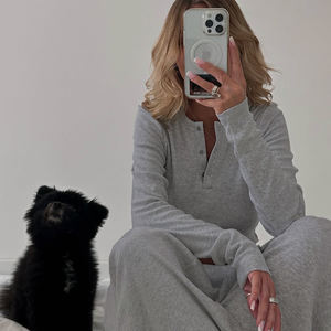 Conjunto de Dos Piezas de Ropa Informal para Mujer, Pantalones de Punto Acanalado con Cordón, Color Sólido, Corte Holgado, Cierre con Lazo Frontal, Casual, Ecológico, Transpirable - Product Image 5