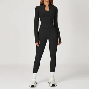 Conjunto Deportivo de Dos Piezas para Mujer, Marca Joyyoung, con Logotipo Personalizado, Sólido, Sin Costuras, de Secado Rápido, para Yoga, Deportes al Aire Libre, Correr, Fitness - Product Image 3