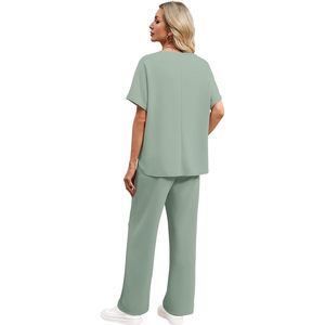Conjunto de Salón para Mujer, Cuello en V, Manga Corta, Pantalones Anchos, 2 Piezas, Tejido Transpirable, Atuendo para Uso Diario - Product Image 5