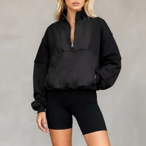 <span class=keywords><strong>Sweat</strong></span>-shirt de sport pour <span class=keywords><strong>femme</strong></span> en coton respirant anti-boulochage, à manches longues, en polaire chaude, avec demi-zip et coupe courte, pour l'automne - Product Image 1